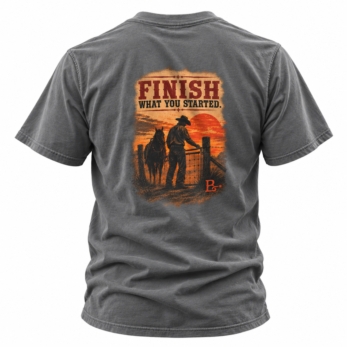 Graphite Heather The Last Gate Ranching T-shirt, back view featuring a cowboy closing the final ranch gate at dusk