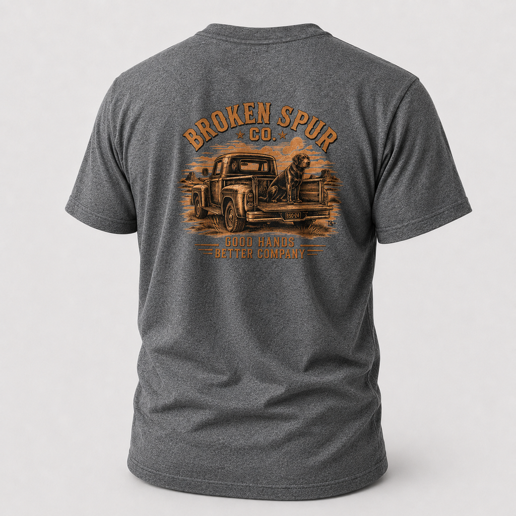 Graphite Heather Better Company Ranch Dog T-shirt, back view featuring an old ranch truck, loyal dog and Good Hands Better Co