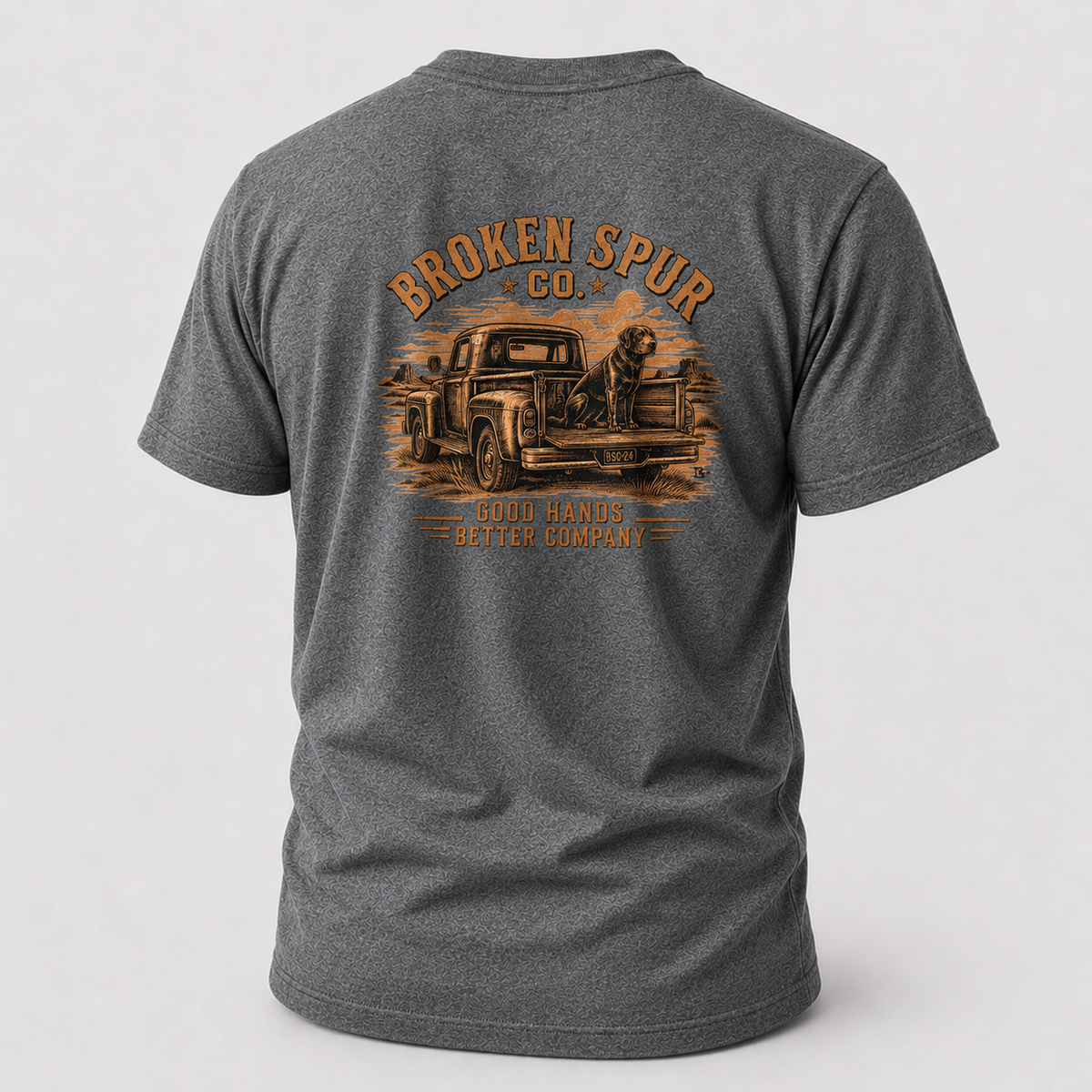 Graphite Heather Better Company Ranch Dog T-shirt, back view featuring an old ranch truck, loyal dog and Good Hands Better Co