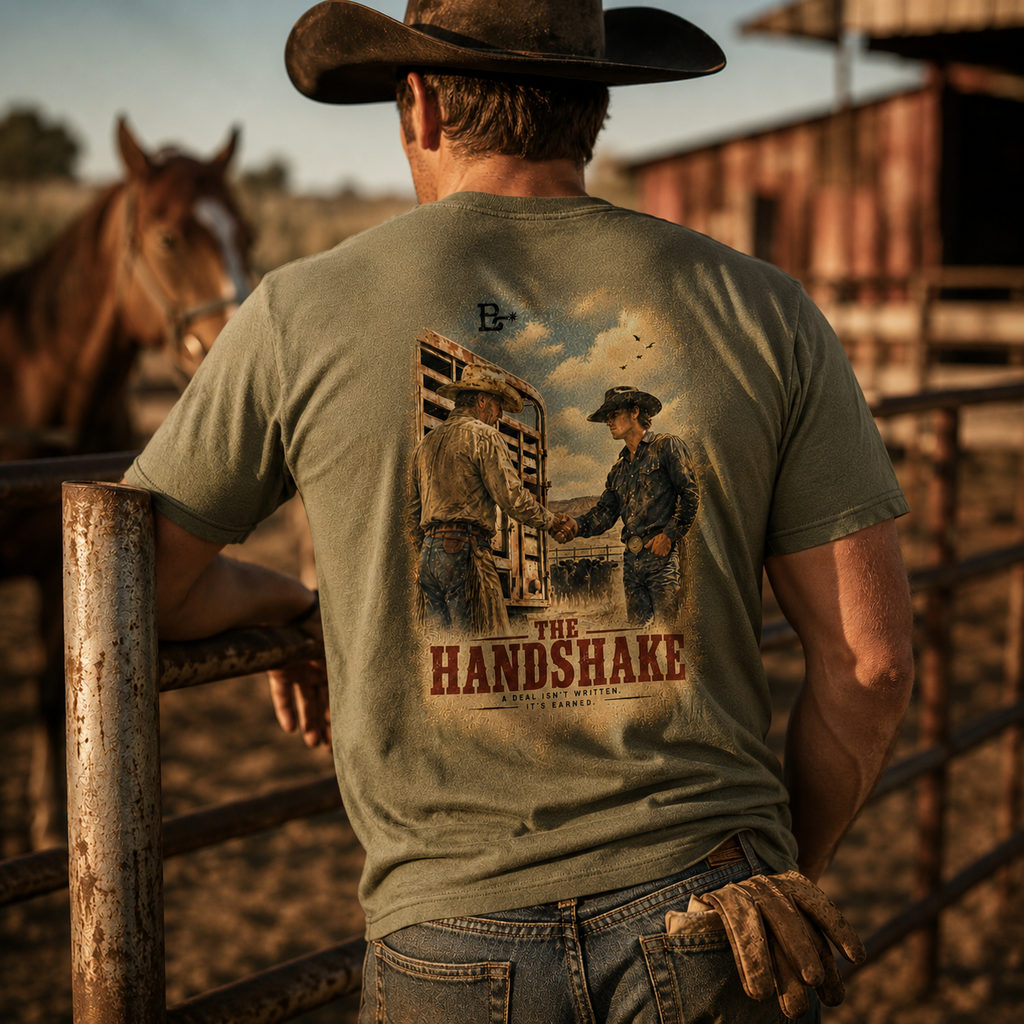 Lifestyle view of The Handshake Western Values T-shirt featuring an older rancher and younger cowboy sealing a deal by the st