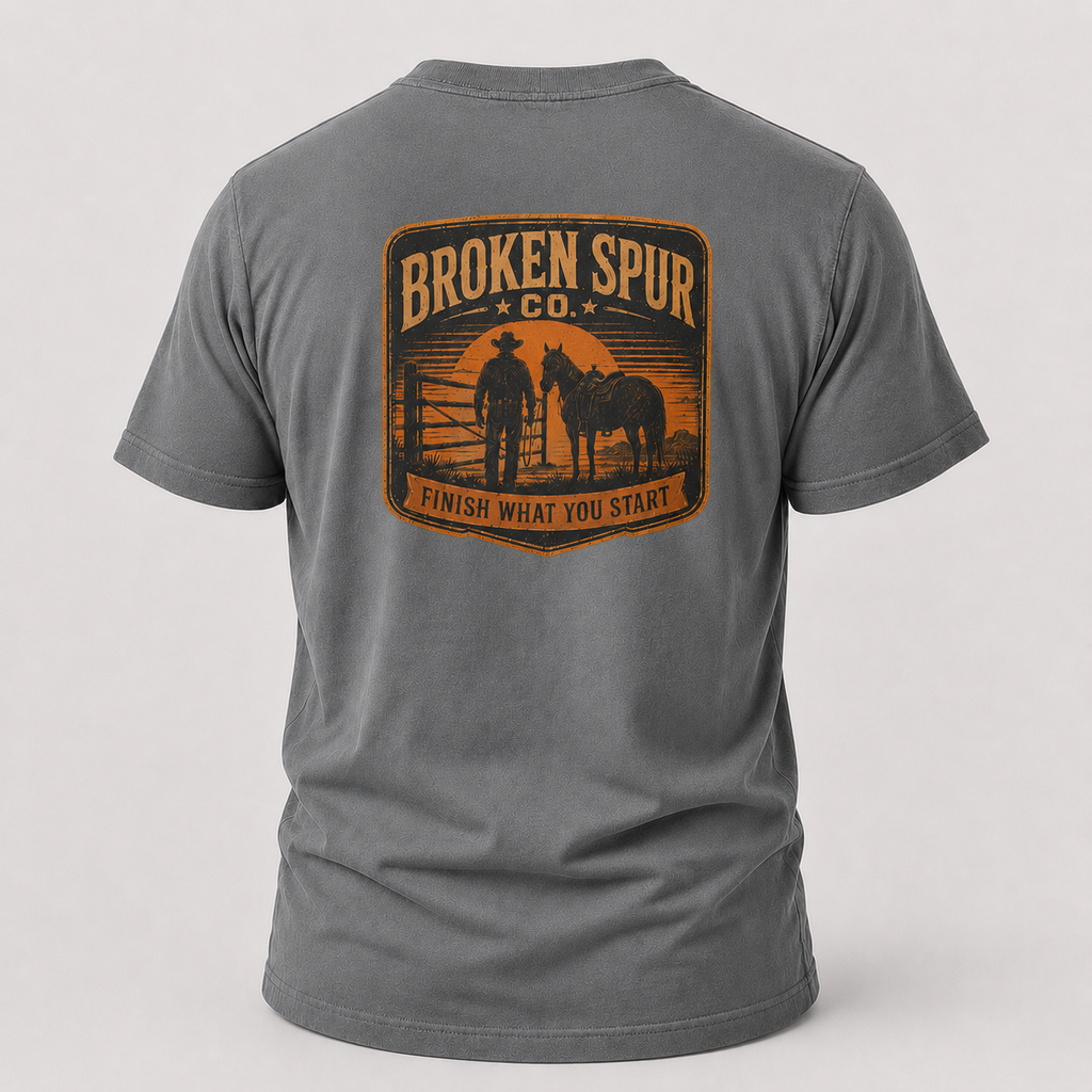 Finish What You Start Work Ethic T-shirt, back view featuring a ranch hand closing the last gate at dusk