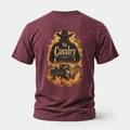 Heather Maroon The Cavalry Vintage Ranch Truck T-shirt, back view featuring an old ranch truck racing down a dirt road with d