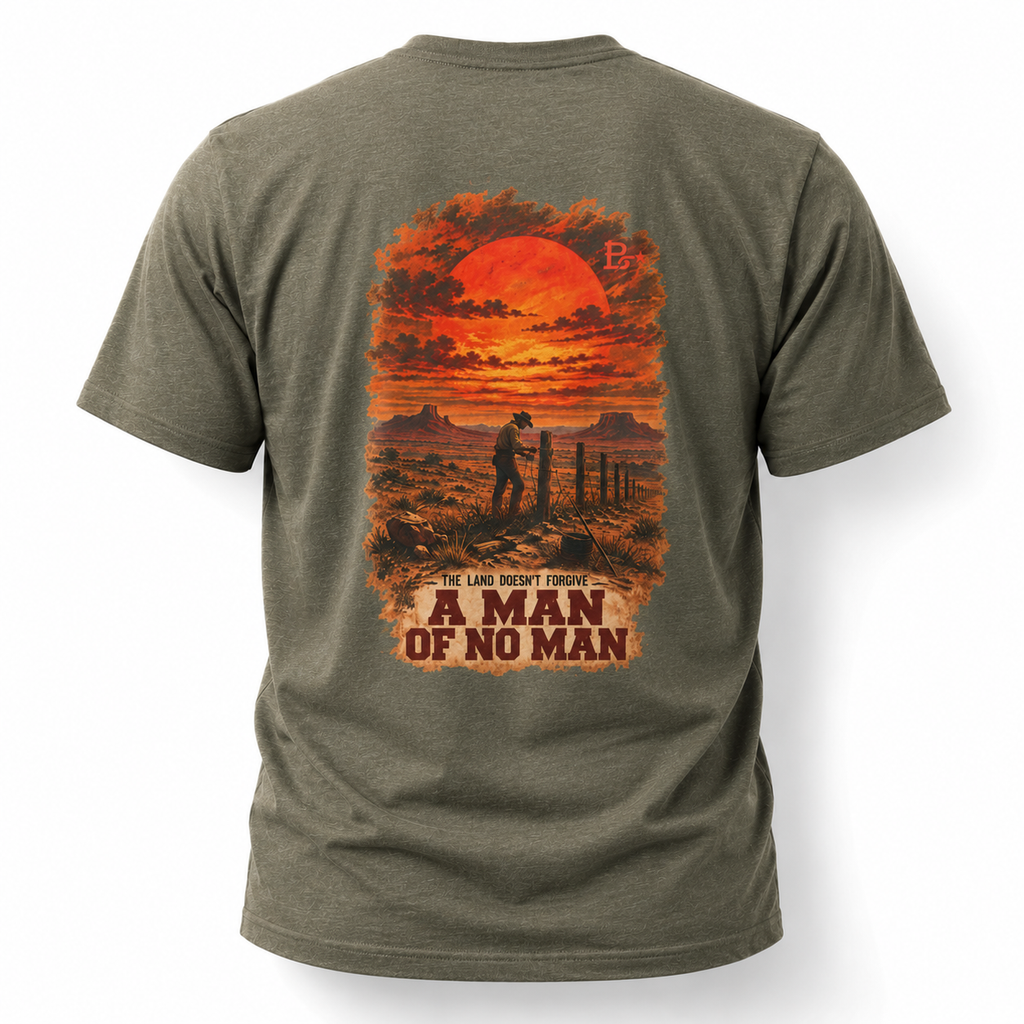 Heather Military Green A Man of No Man Western Work T-shirt, back view featuring a solitary ranch hand and the No Audience Re