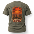 Heather Military Green A Man of No Man Western Work T-shirt, back view featuring a solitary ranch hand and the No Audience Re