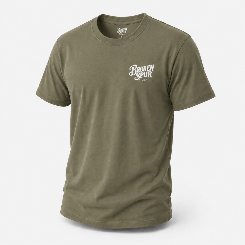 Heather Military Green A Man of No Man Western Work T-shirt, front view featuring a solitary ranch hand and the No Audience R