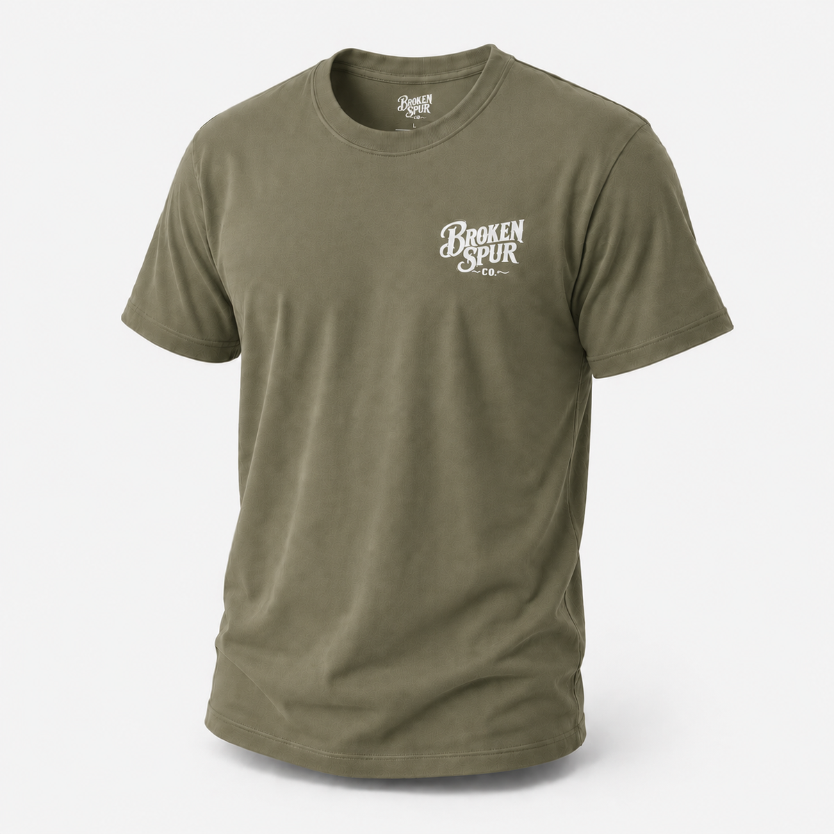 Heather Military Green A Man of No Man Western Work T-shirt, front view featuring a solitary ranch hand and the No Audience R