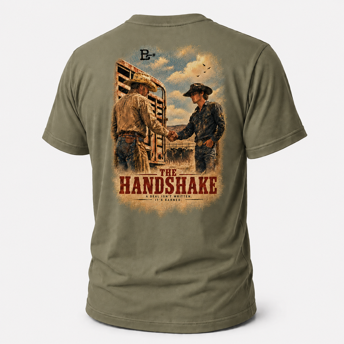 The Handshake Western Values T-shirt, back view featuring an older rancher and younger cowboy sealing a deal by the stock tra