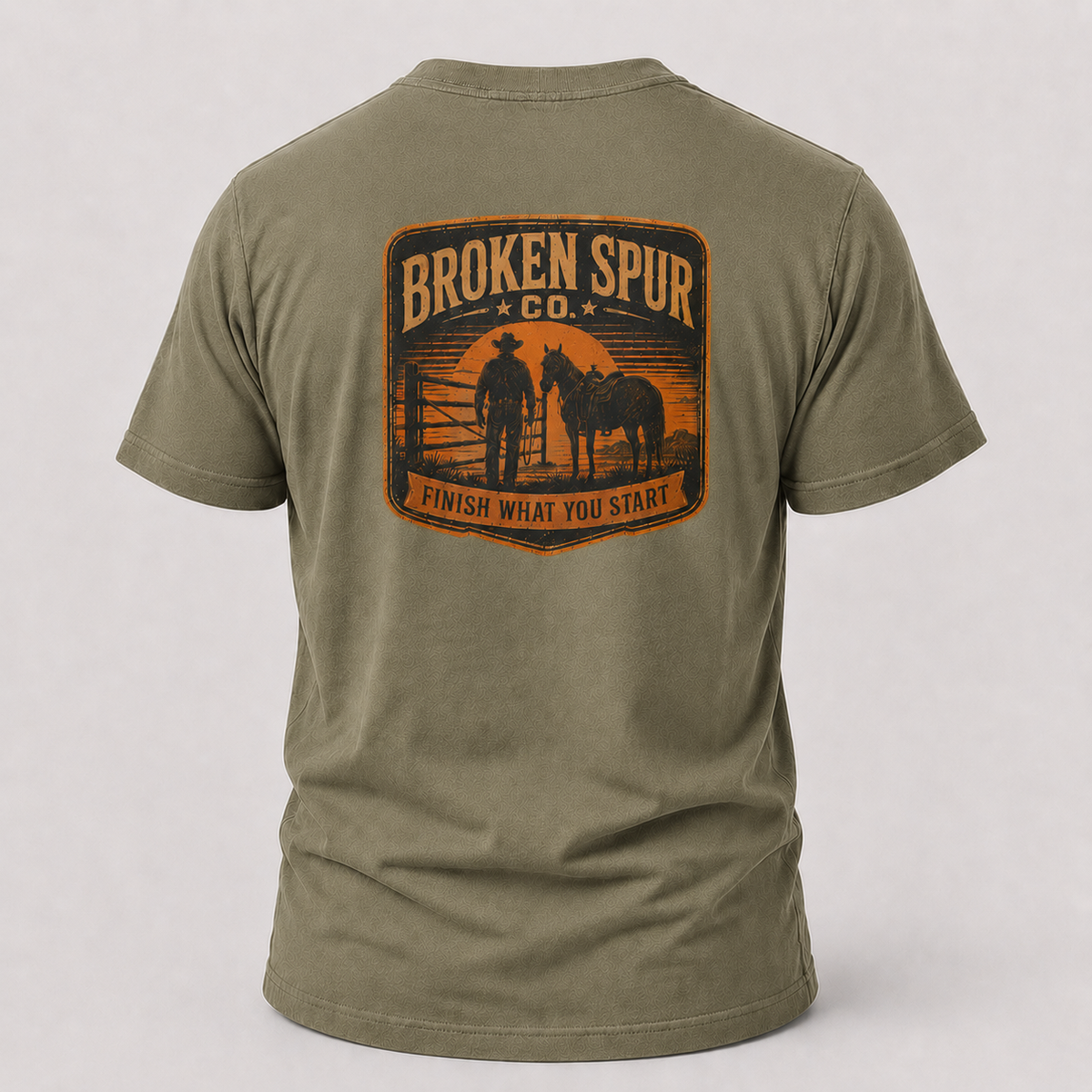 Finish What You Start Work Ethic T-shirt, back view featuring a ranch hand closing the last gate at dusk
