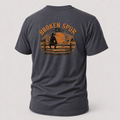 Heather Navy The Fence Ranch Hand T-shirt, back view featuring ranch hands learning the work along a fence line