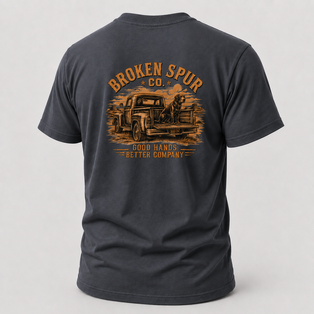 Heather Navy Better Company Ranch Dog T-shirt, back view featuring an old ranch truck, loyal dog and Good Hands Better Compan