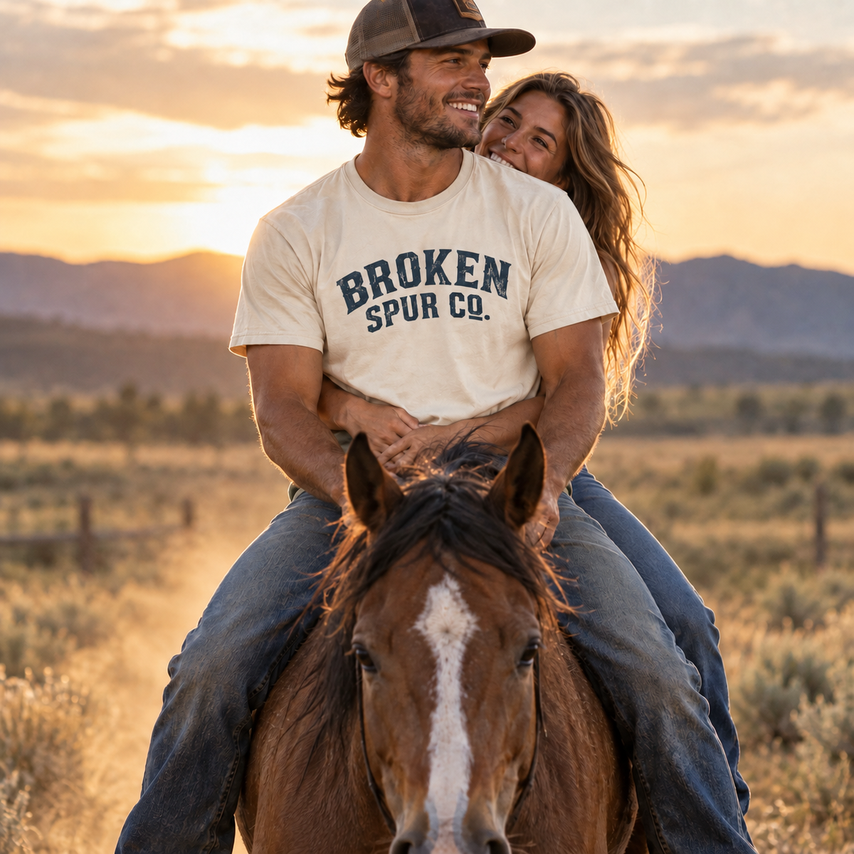 Lifestyle view of Curved Western Typography T-shirt featuring the curved, weathered Broken Spur wordmark