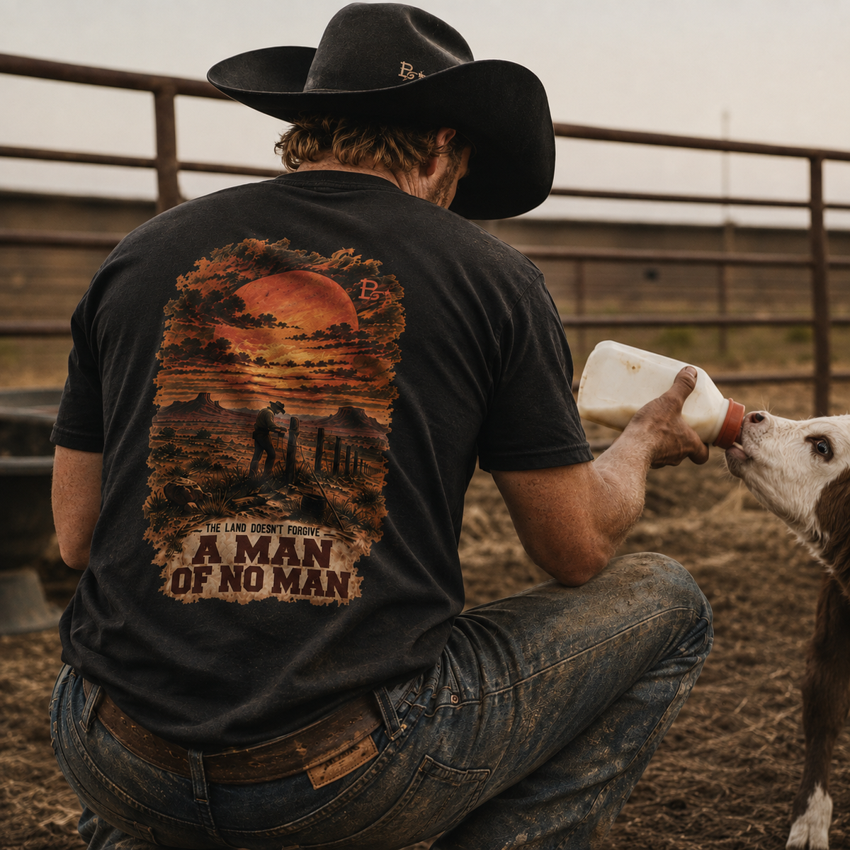 Lifestyle view of A Man of No Man Western Work T-shirt featuring a solitary ranch hand and the No Audience Required design