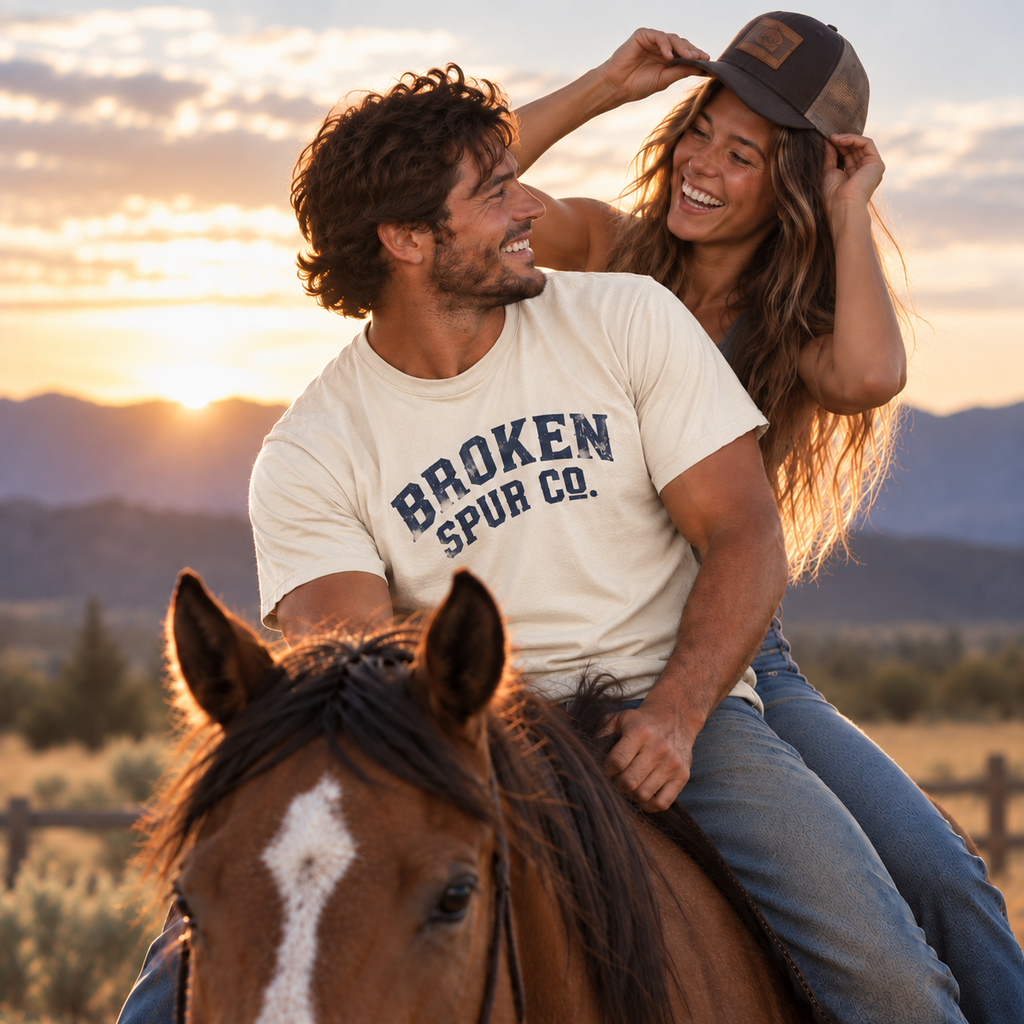 Lifestyle view of Curved Western Typography T-shirt featuring the curved, weathered Broken Spur wordmark