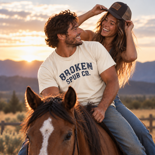 Lifestyle view of Curved Western Typography T-shirt featuring the curved, weathered Broken Spur wordmark