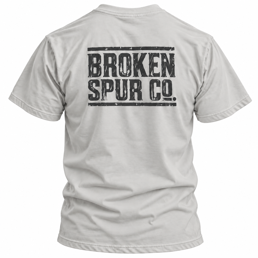 Ice Grey Ruled Letterpress T-shirt, back view featuring the ruled Broken Spur letterpress wordmark