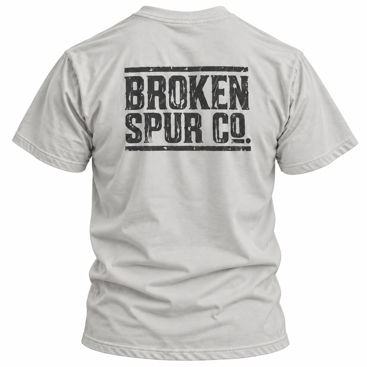 Ice Grey Ruled Letterpress T-shirt, back view featuring the ruled Broken Spur letterpress wordmark