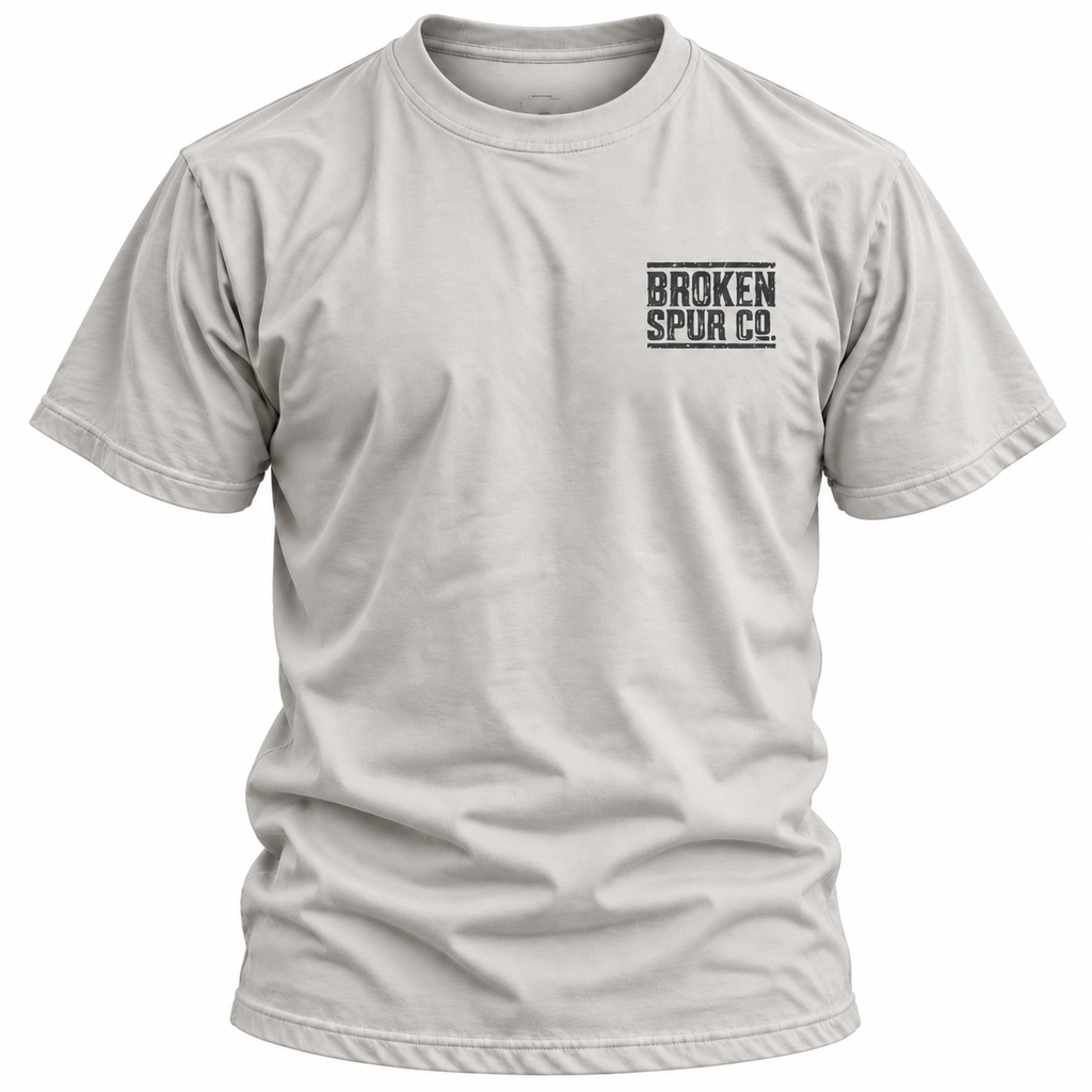 Ice Grey Ruled Letterpress T-shirt, front view featuring the ruled Broken Spur letterpress wordmark
