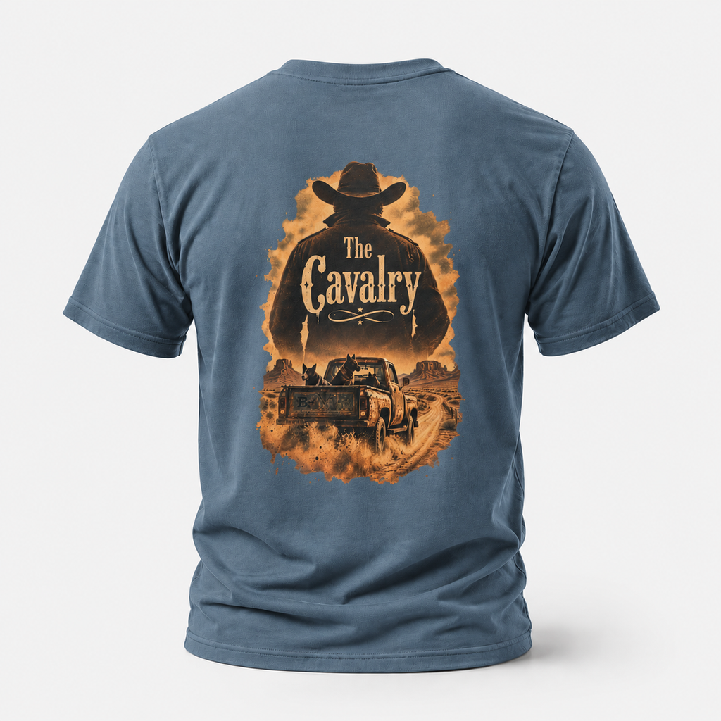 Indigo Blue The Cavalry Vintage Ranch Truck T-shirt, back view featuring an old ranch truck racing down a dirt road with dogs