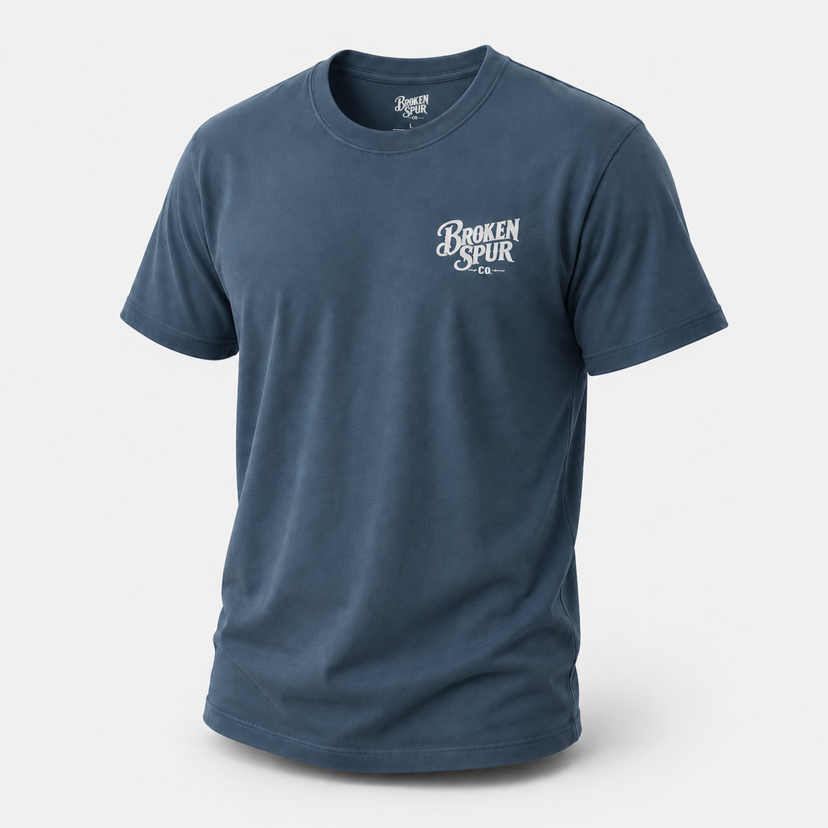 Indigo Blue The Cavalry Vintage Ranch Truck T-shirt, front view featuring an old ranch truck racing down a dirt road with dog