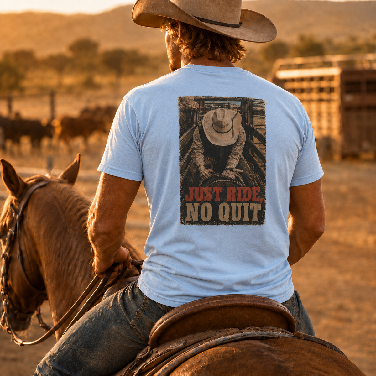 Lifestyle view of Just Ride Western Rodeo T-shirt featuring the Just Ride No Quit rodeo design
