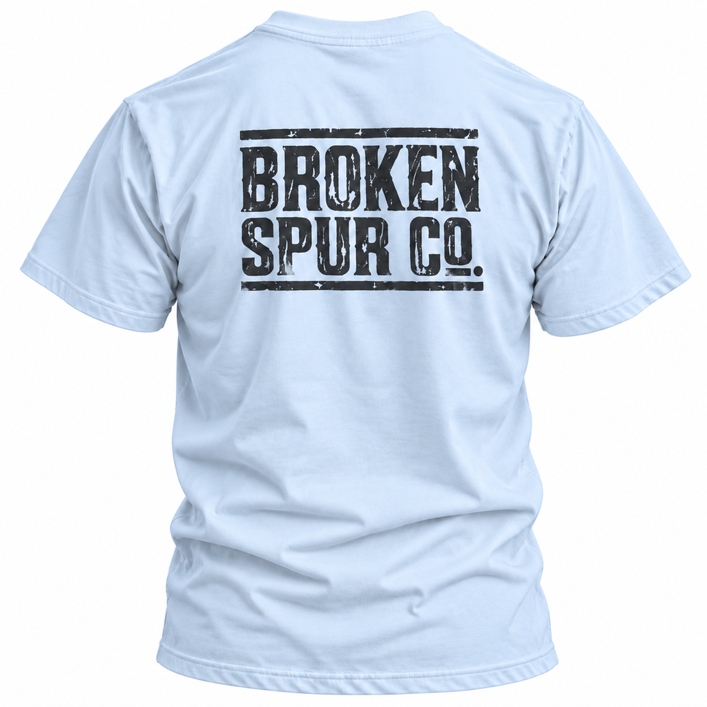 Light Blue Ruled Letterpress T-shirt, back view featuring the ruled Broken Spur letterpress wordmark