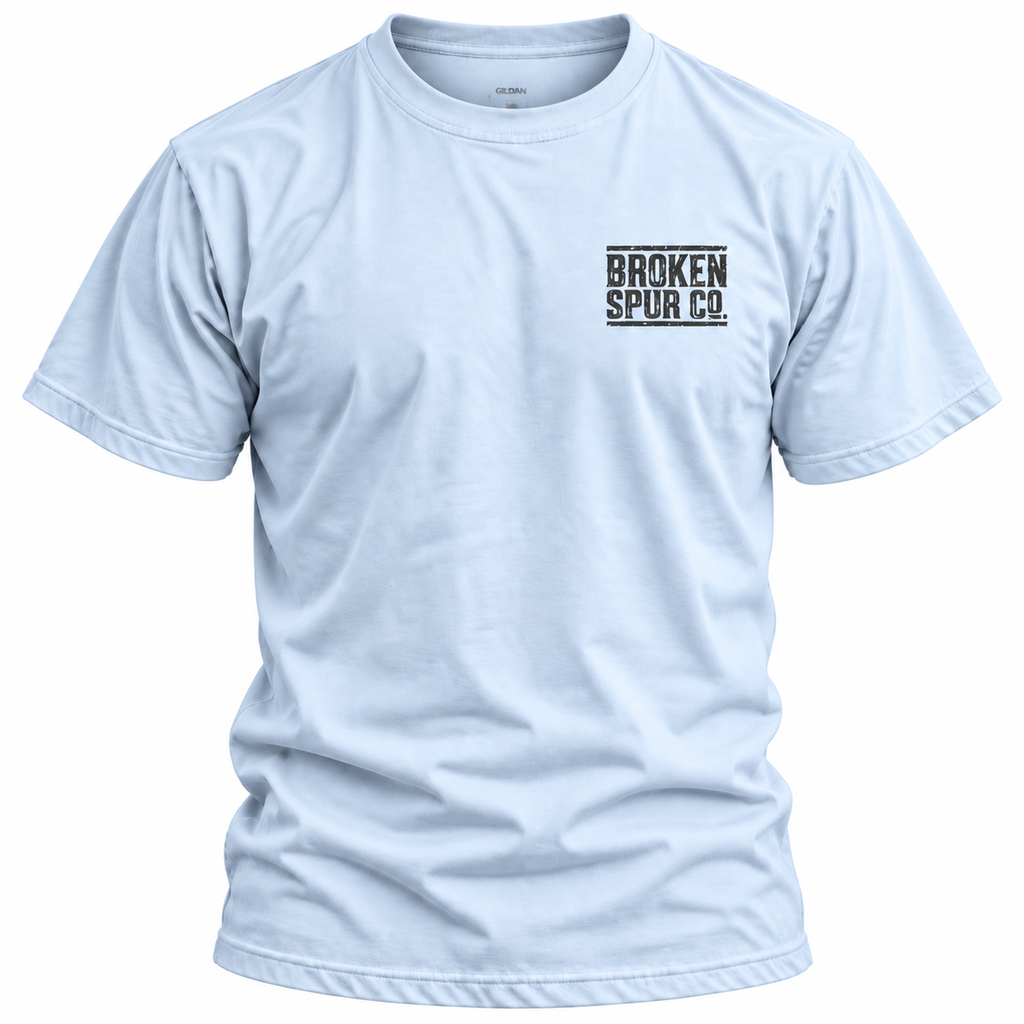 Light Blue Ruled Letterpress T-shirt, front view featuring the ruled Broken Spur letterpress wordmark
