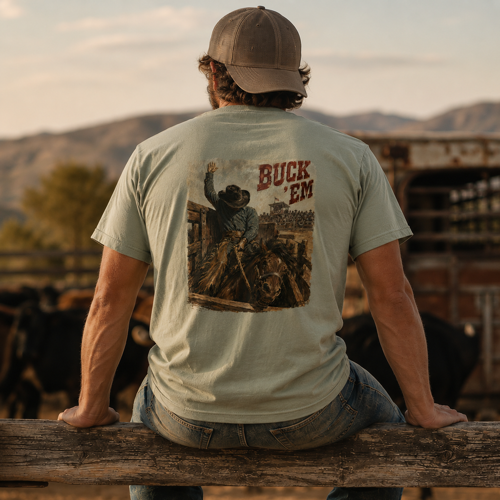 Lifestyle view of Go Time Bareback Bronc Riding T-shirt featuring a bareback bronc rider breaking from the chute