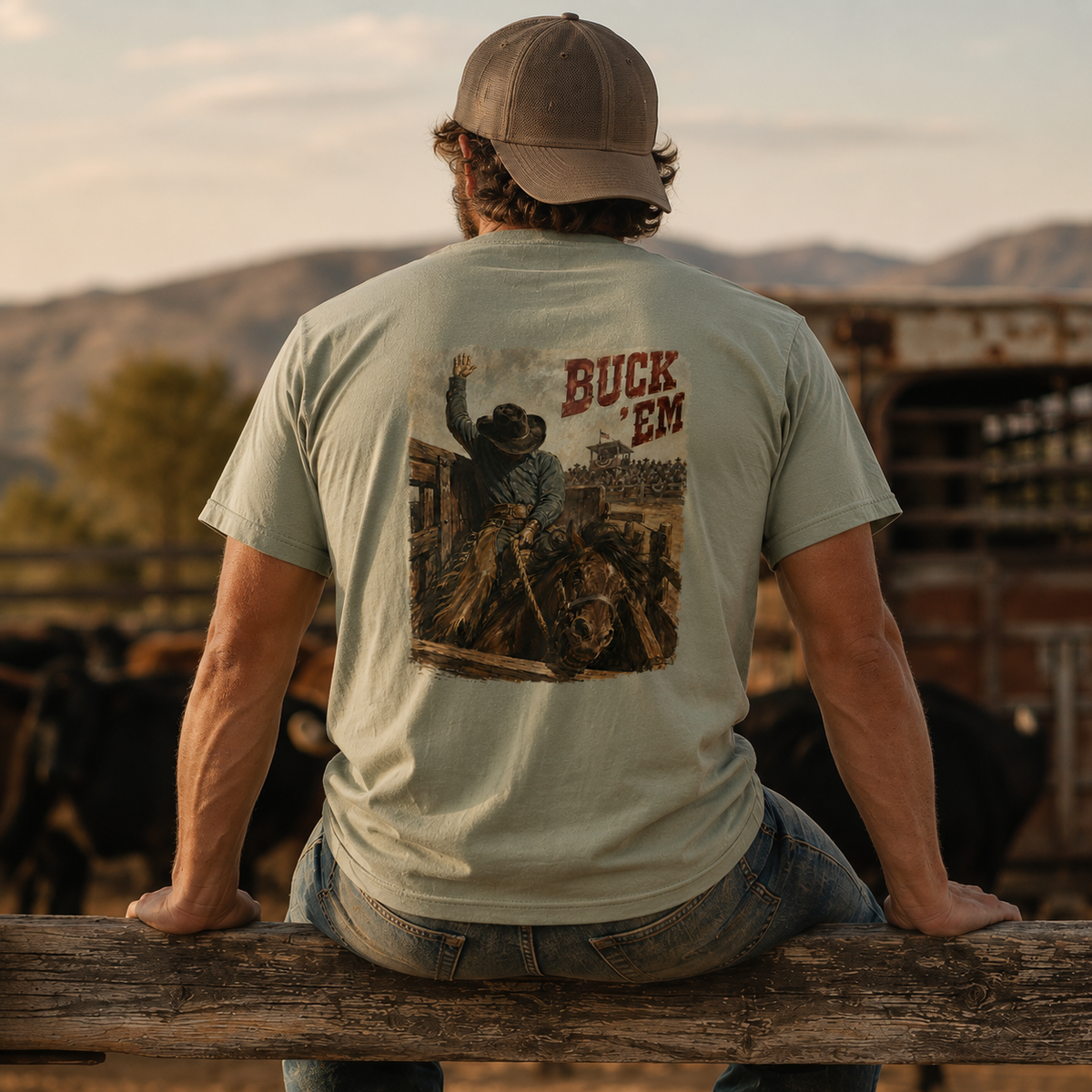 Lifestyle view of Go Time Bareback Bronc Riding T-shirt featuring a bareback bronc rider breaking from the chute