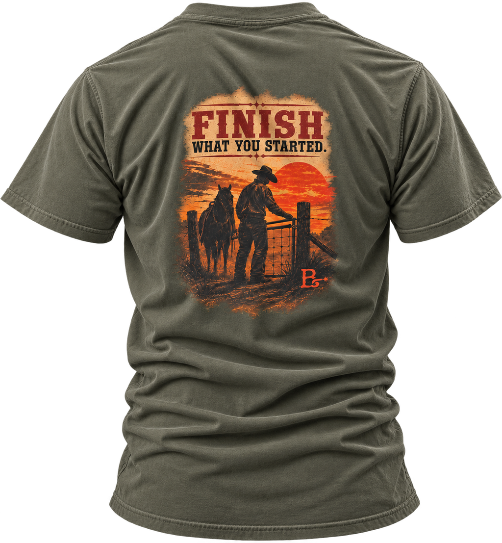 Military Green The Last Gate Ranching T-shirt, back view featuring a cowboy closing the final ranch gate at dusk
