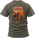 Military Green The Last Gate Ranching T-shirt, back view featuring a cowboy closing the final ranch gate at dusk