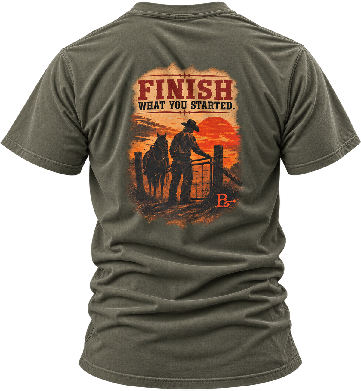 Military Green The Last Gate Ranching T-shirt, back view featuring a cowboy closing the final ranch gate at dusk