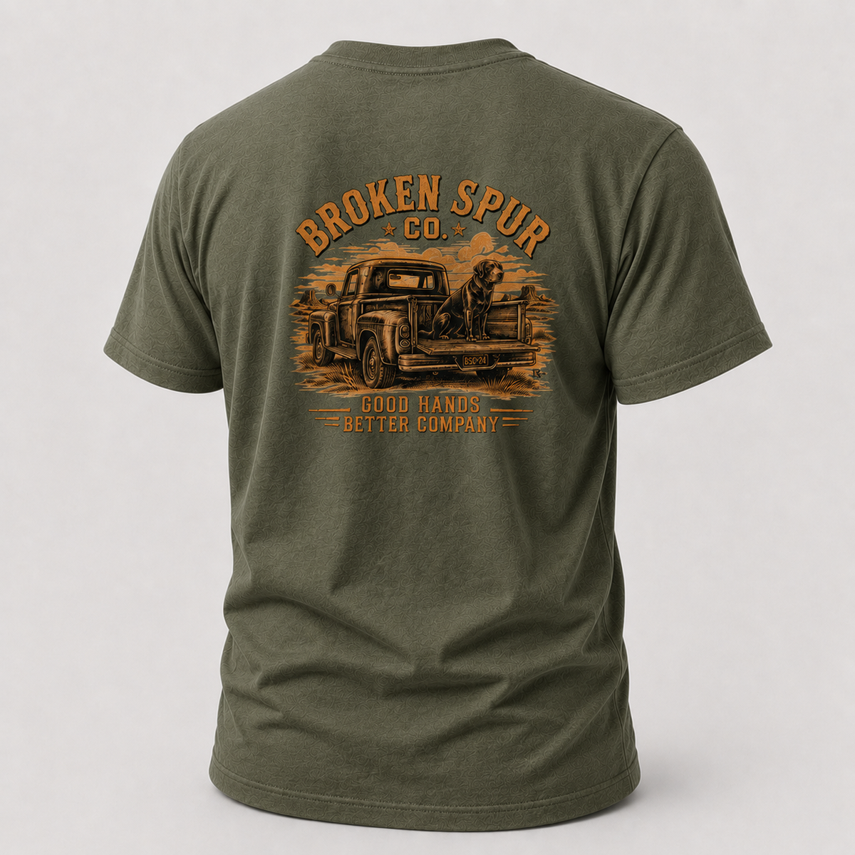 Military Green Better Company Ranch Dog T-shirt, back view featuring an old ranch truck, loyal dog and Good Hands Better Comp