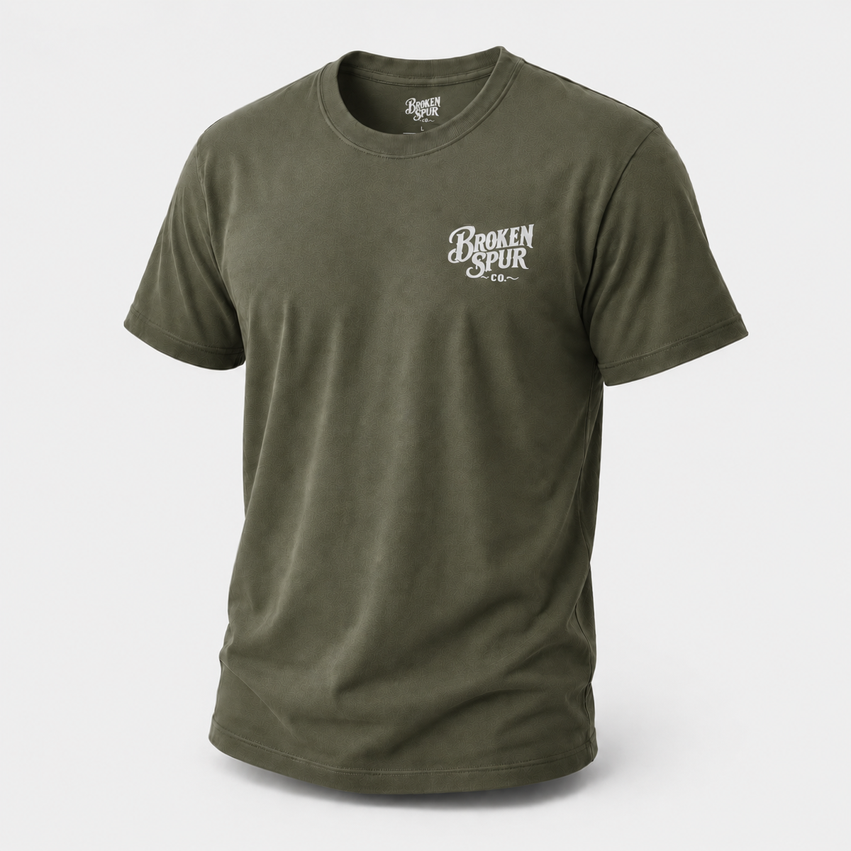 Military Green The Last Gate Ranching T-shirt, front view featuring a cowboy closing the final ranch gate at dusk