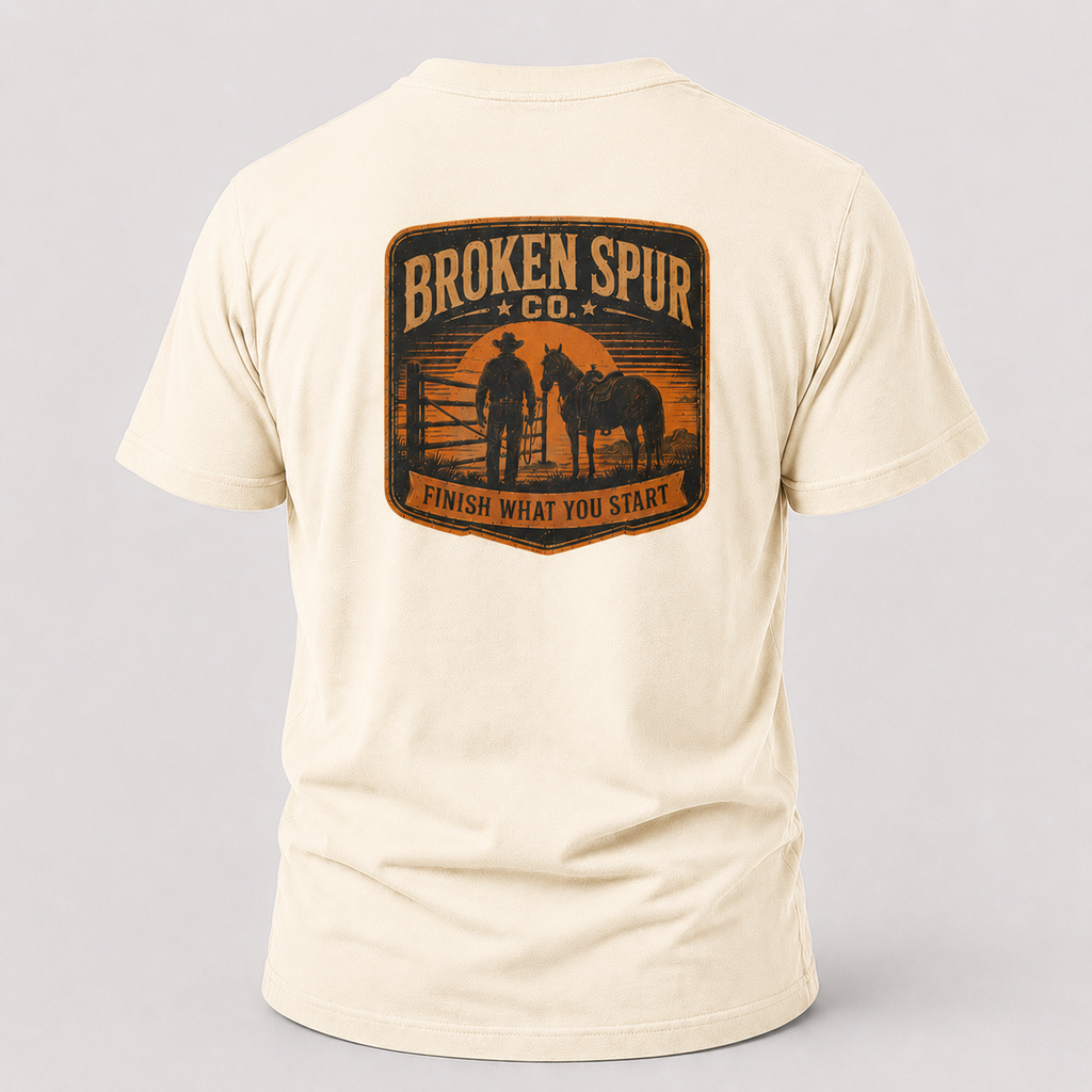 Natural Finish What You Start Work Ethic T-shirt, back view featuring a ranch hand closing the last gate at dusk