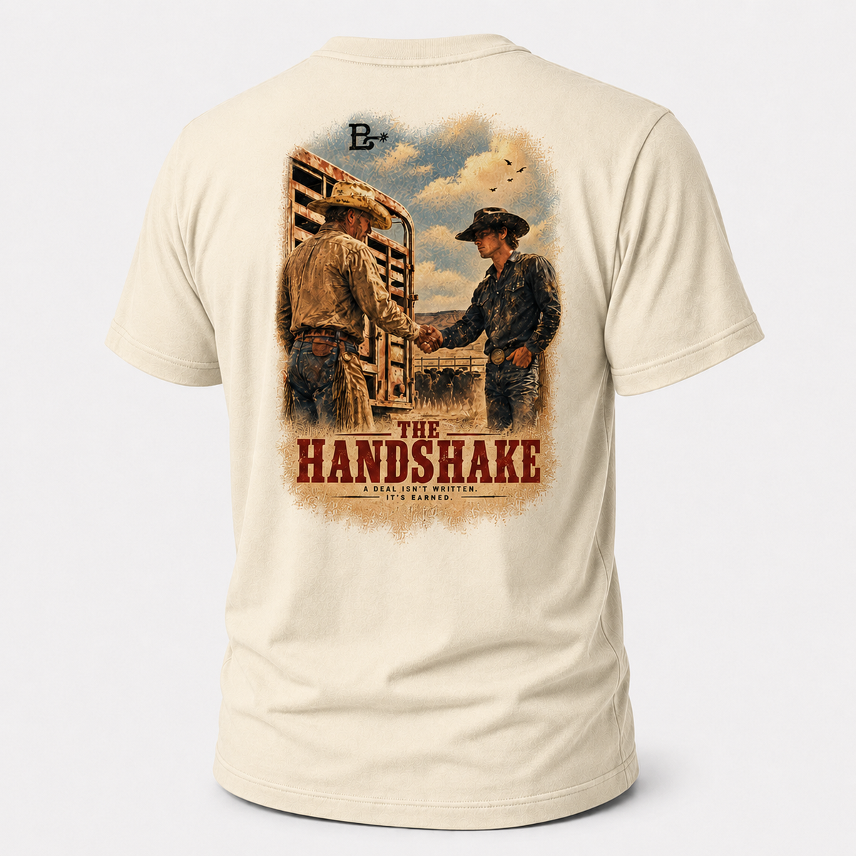 Natural The Handshake Western Values T-shirt, back view featuring an older rancher and younger cowboy sealing a deal by the s