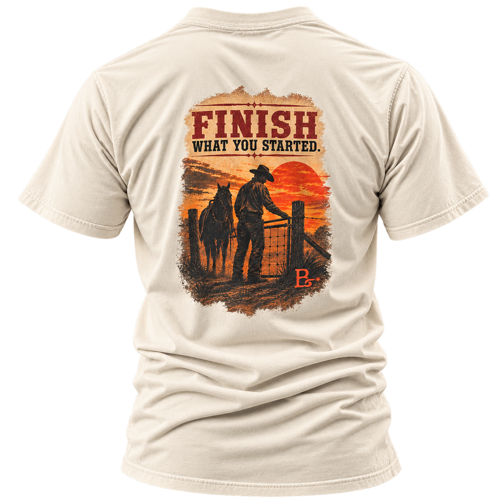 Natural The Last Gate Ranching T-shirt, back view featuring a cowboy closing the final ranch gate at dusk