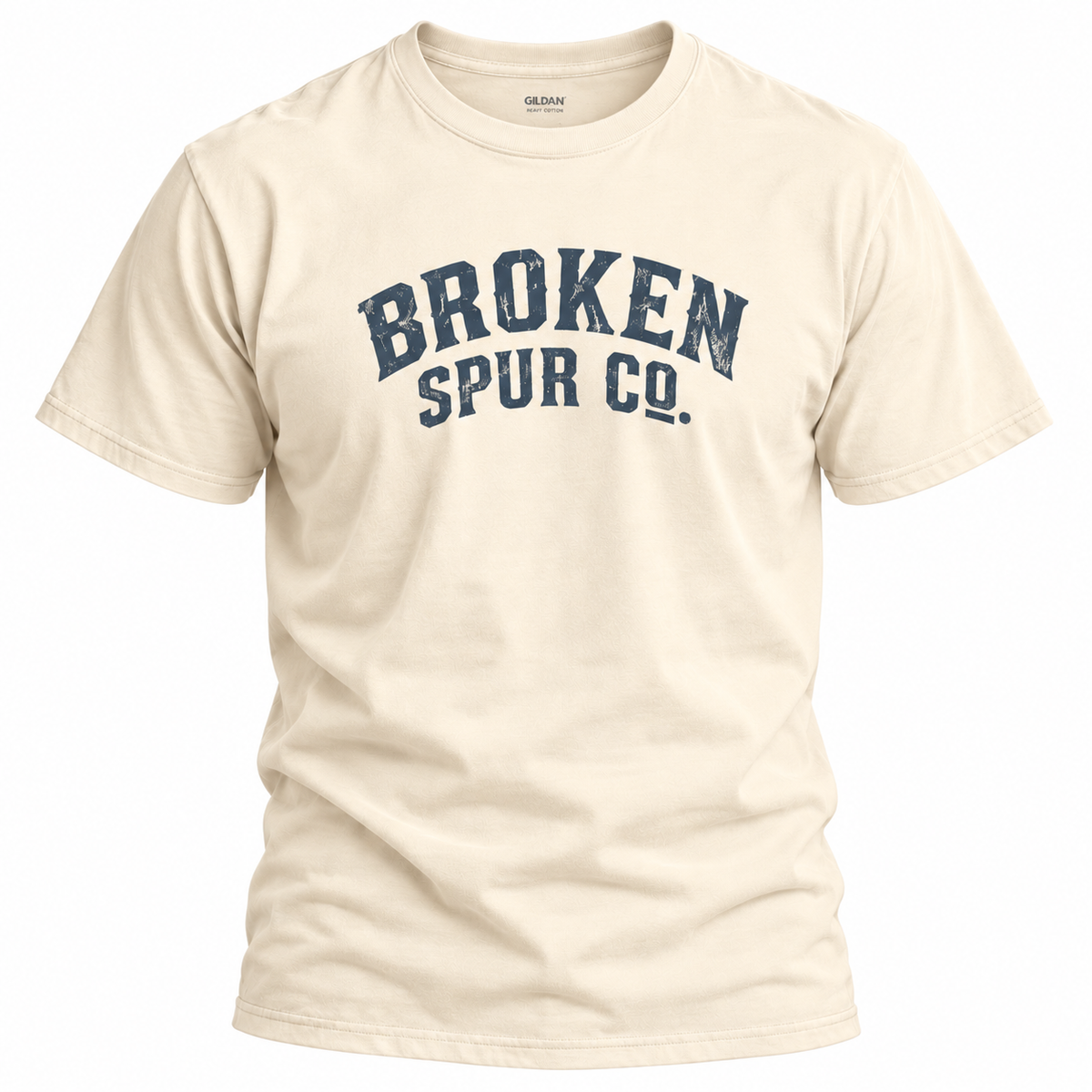 Natural Curved Western Typography T-shirt, front view featuring the curved, weathered Broken Spur wordmark