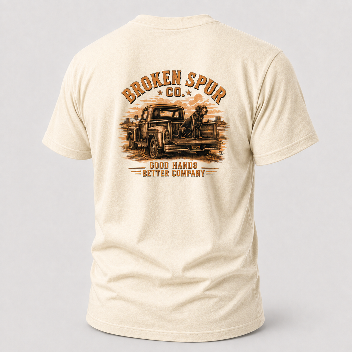 Natural Better Company Ranch Dog T-shirt, back view featuring an old ranch truck, loyal dog and Good Hands Better Company art