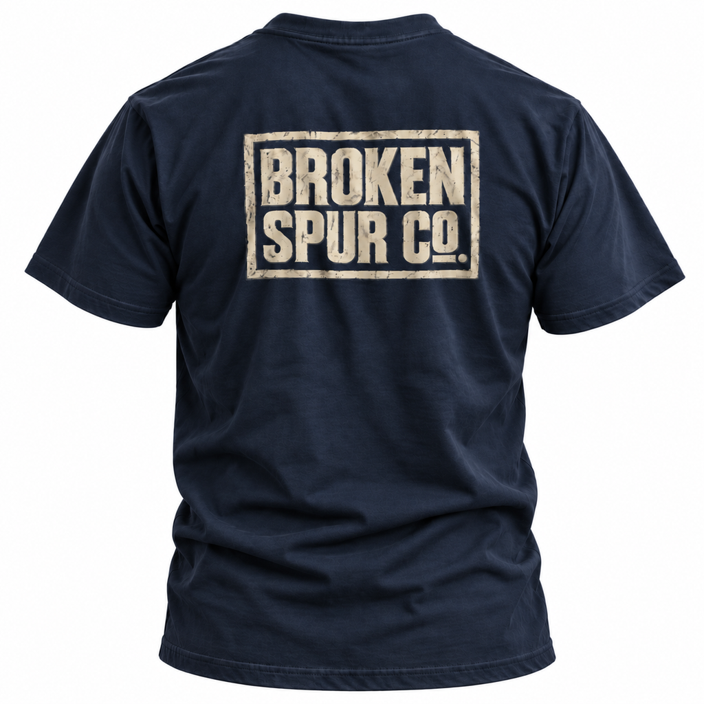 Navy The Block Stamp Western Logo T-shirt, back view featuring the bold distressed Broken Spur block-stamp logo