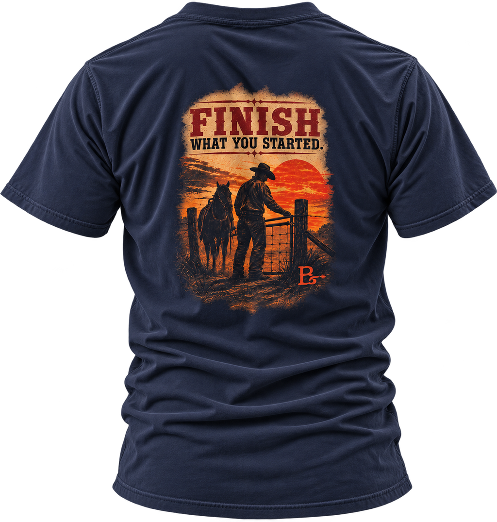 Navy The Last Gate Ranching T-shirt, back view featuring a cowboy closing the final ranch gate at dusk