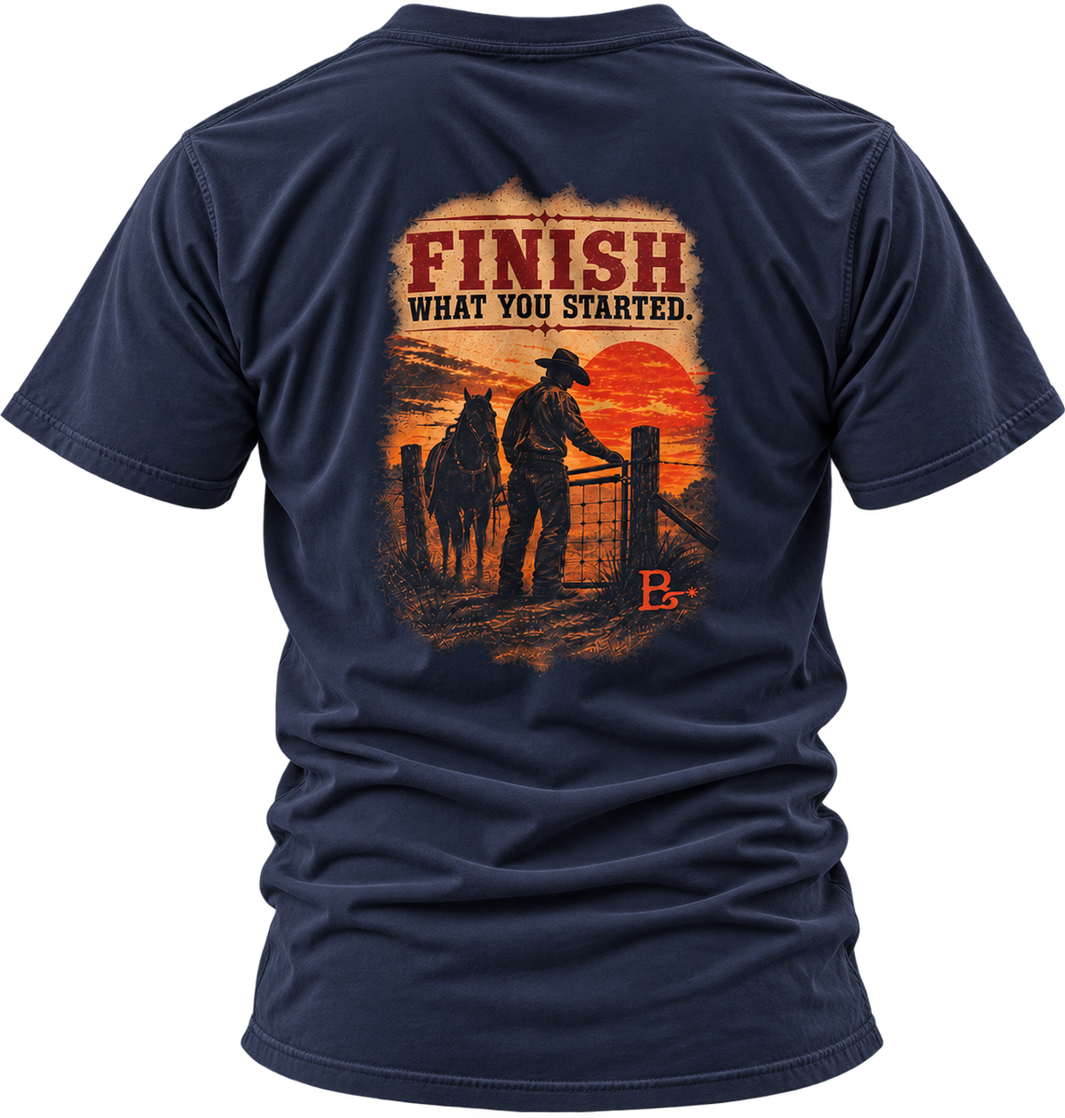 Navy The Last Gate Ranching T-shirt, back view featuring a cowboy closing the final ranch gate at dusk