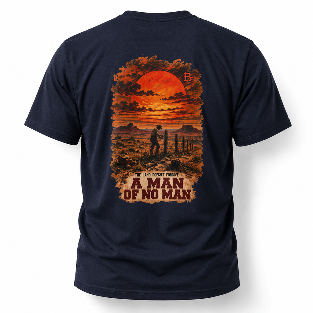 Navy A Man of No Man Western Work T-shirt, back view featuring a solitary ranch hand and the No Audience Required design