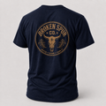 Navy Earn It Western Skull T-shirt, back view featuring a weathered Western skull badge and Watch Learn Earn It message