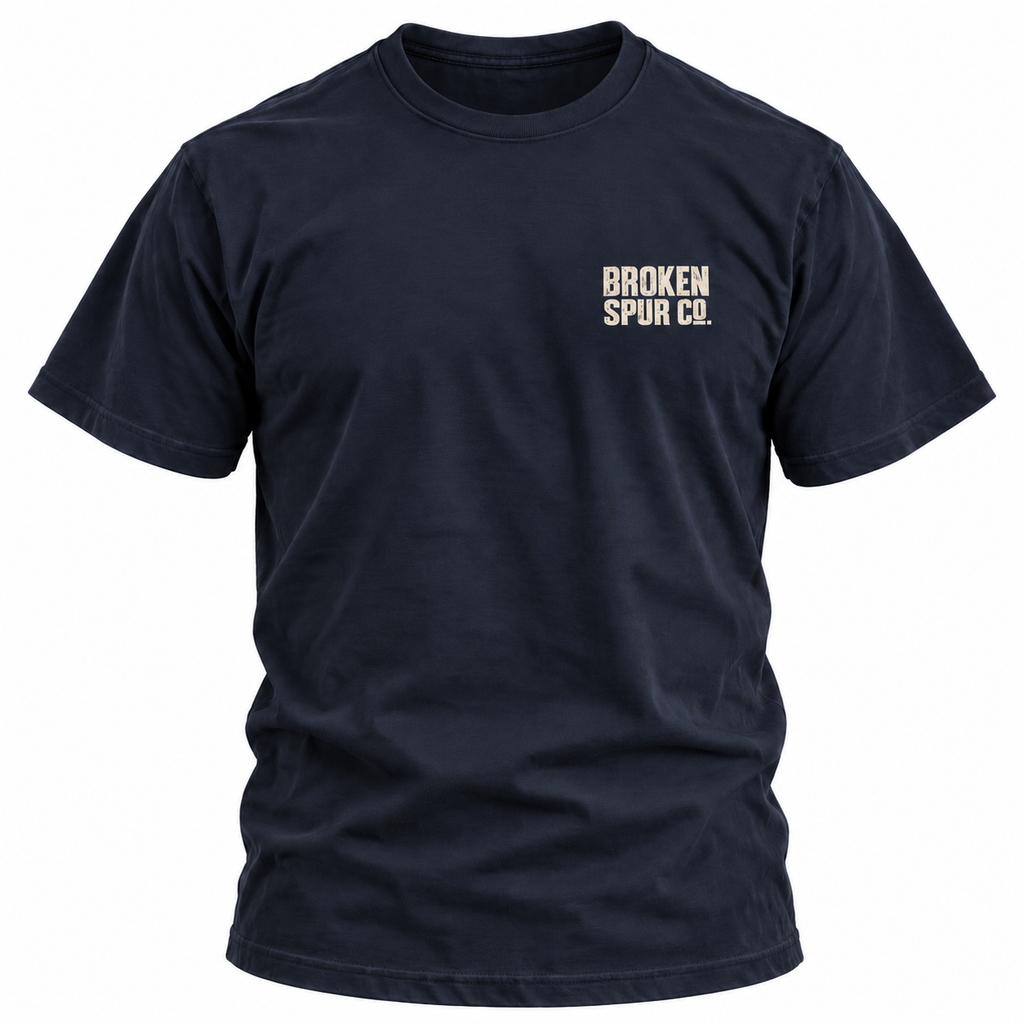 Navy The Block Stamp Western Logo T-shirt, front view featuring the bold distressed Broken Spur block-stamp logo