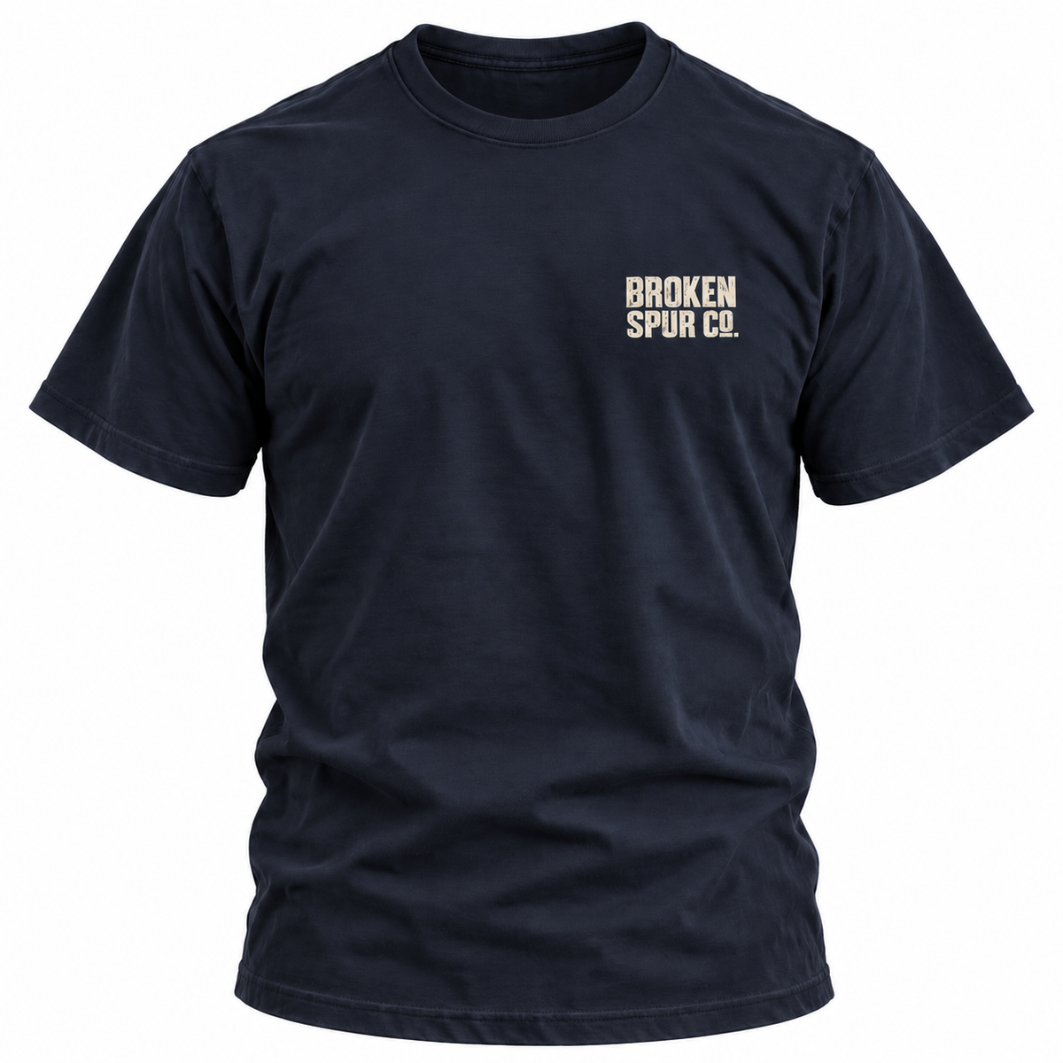 Navy The Block Stamp Western Logo T-shirt, front view featuring the bold distressed Broken Spur block-stamp logo