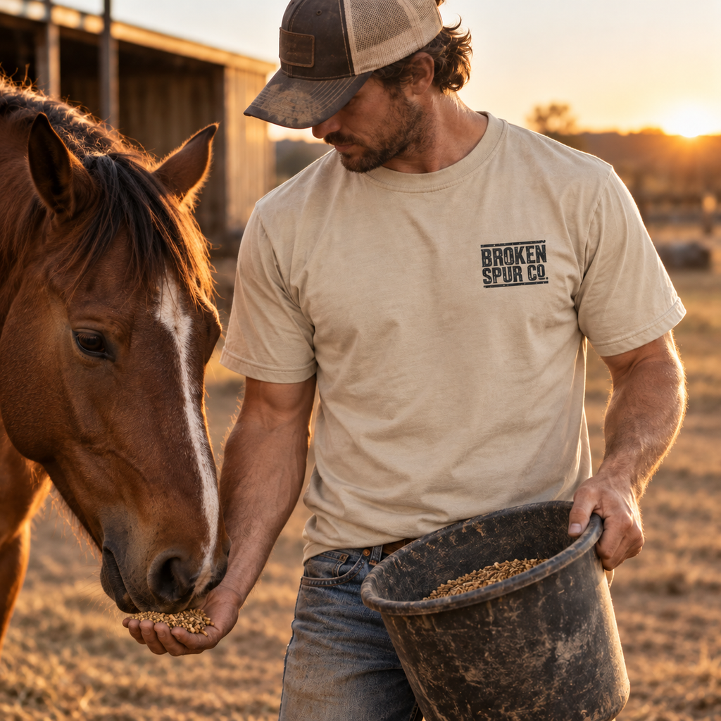 Lifestyle view of Ruled Letterpress T-shirt featuring the ruled Broken Spur letterpress wordmark