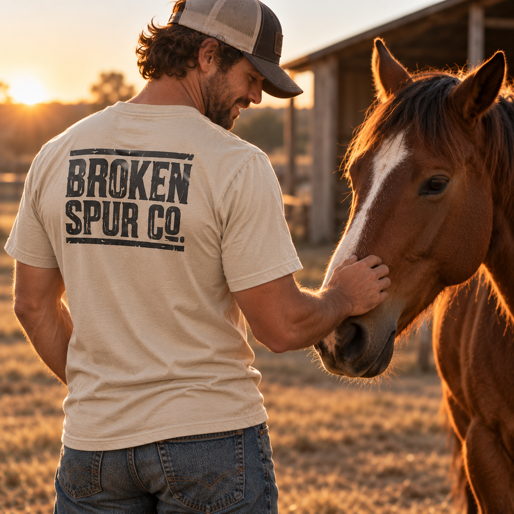 Lifestyle view of Ruled Letterpress T-shirt featuring the ruled Broken Spur letterpress wordmark