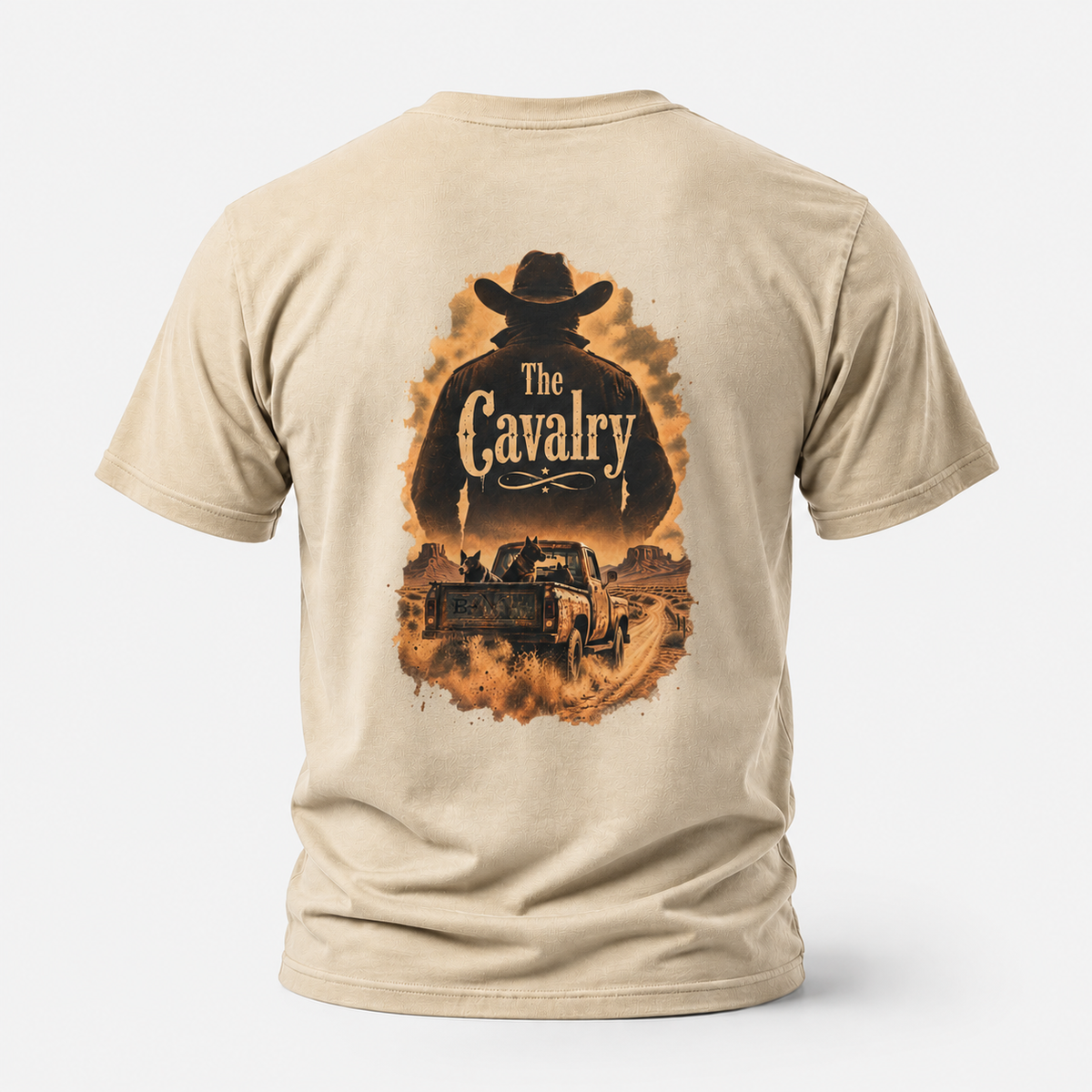 Sand The Cavalry Vintage Ranch Truck T-shirt, back view featuring an old ranch truck racing down a dirt road with dogs in the