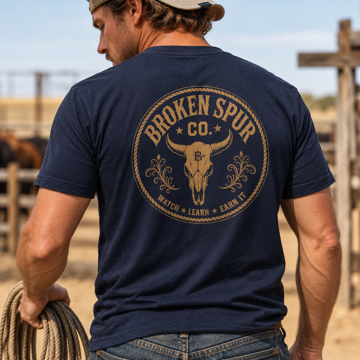 Lifestyle view of Earn It Western Skull T-shirt featuring a weathered Western skull badge and Watch Learn Earn It message