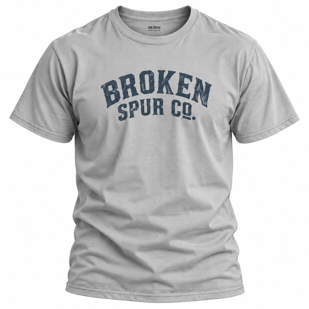 Sport Grey Curved Western Typography T-shirt, front view featuring the curved, weathered Broken Spur wordmark